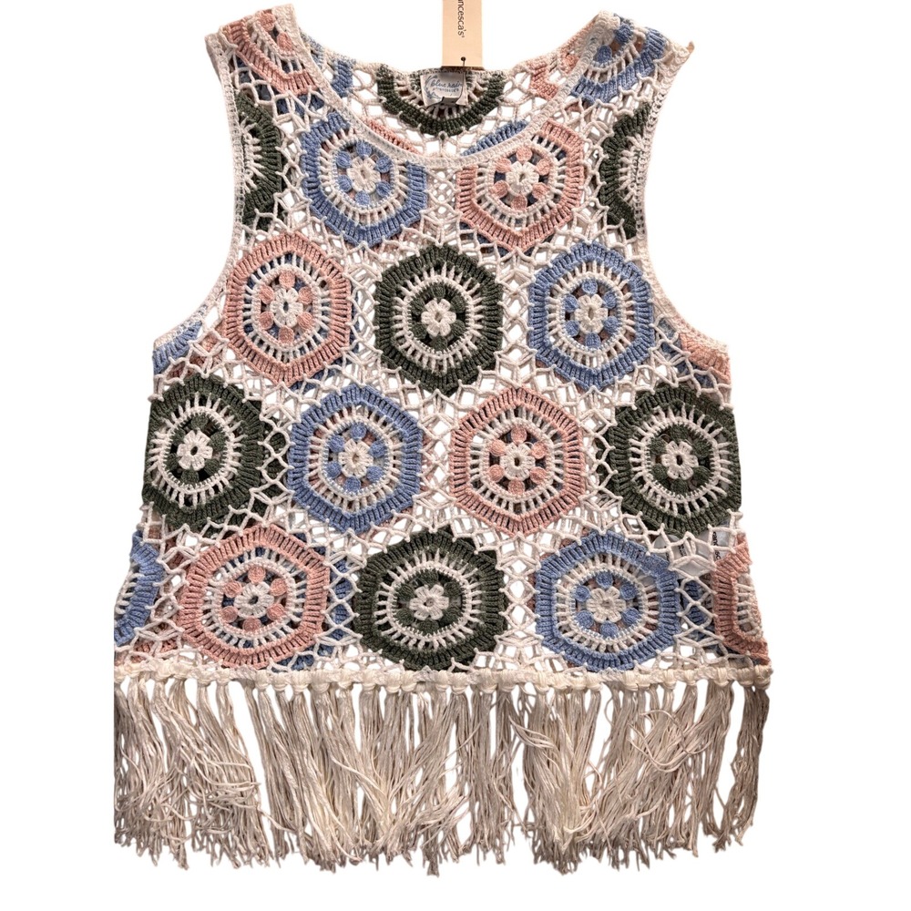 Blue Rain Crochet Tank Top Womens Medium Multi NWT Fringe Boho Granny Square